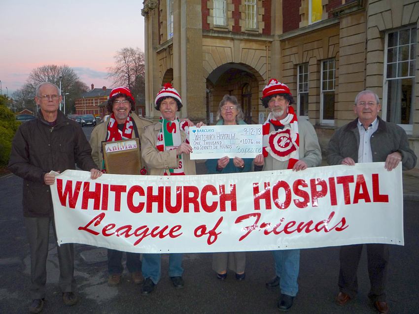 Gwyn, Pete and Hughie from Boycezone presenting the cheque to representatives of Whitchurch Hospital League of Friends.